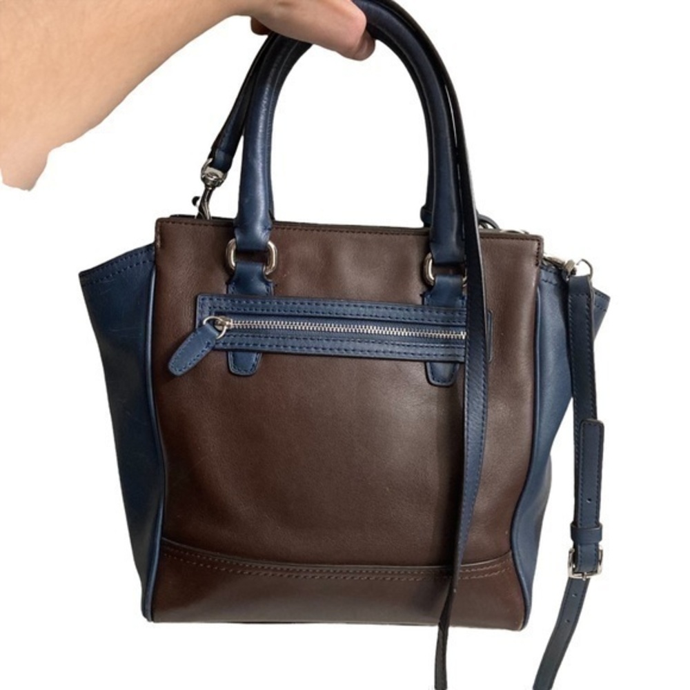 Coach brown blue leather two way tote crossbody bag